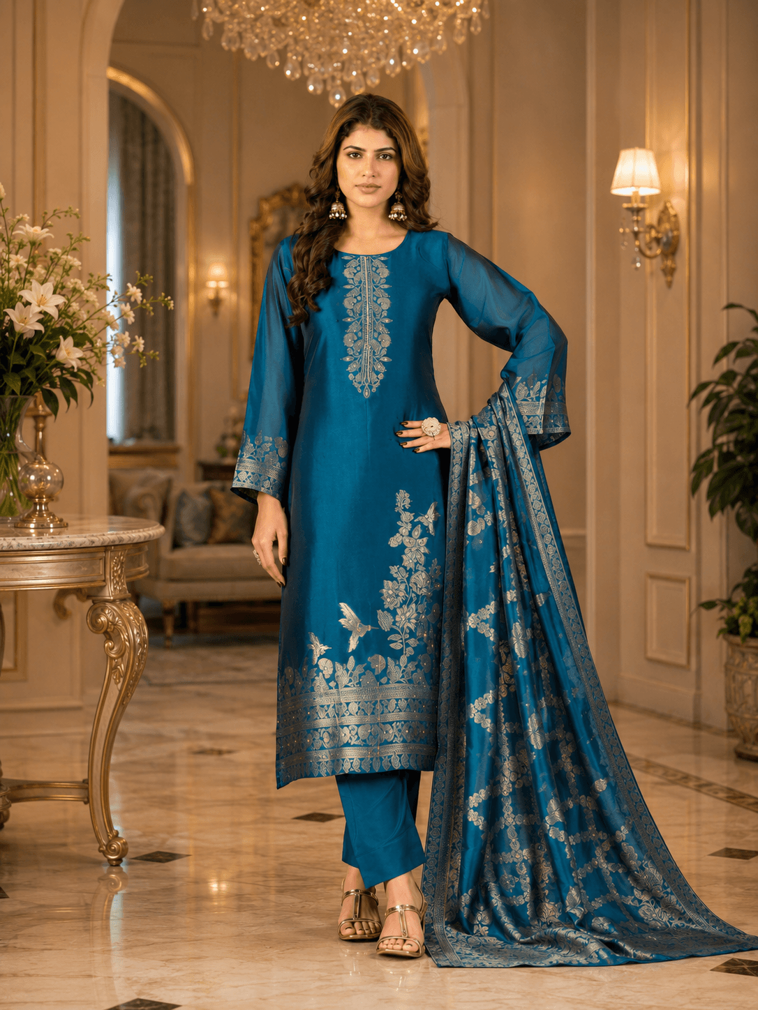 Teal Blue Silk Katan Unstitched Three Piece