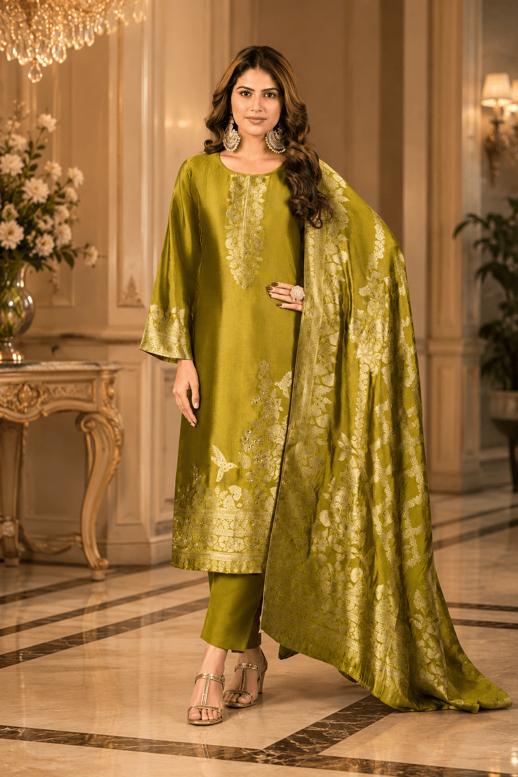 Olive Green Silk Katan Unstitched Three Piece