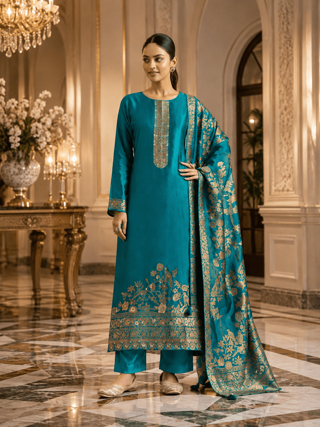 Peacock Teal Silk Katan Unstitched Three Piece