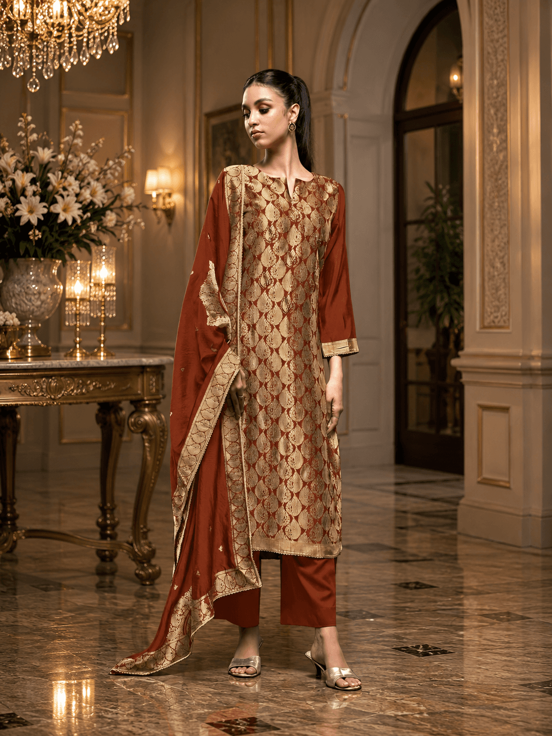 Rust Orange DD-1 Silk Katan Unstitched Three Piece