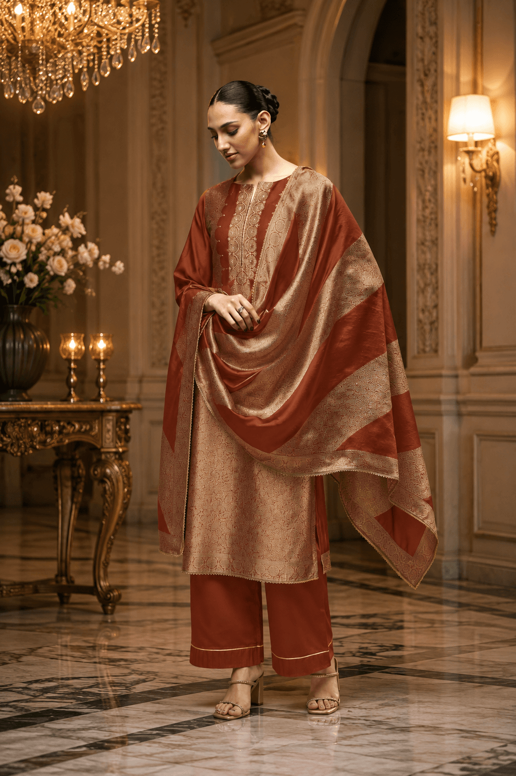 Rust Orange DD-2 Silk Katan Unstitched Three Piece