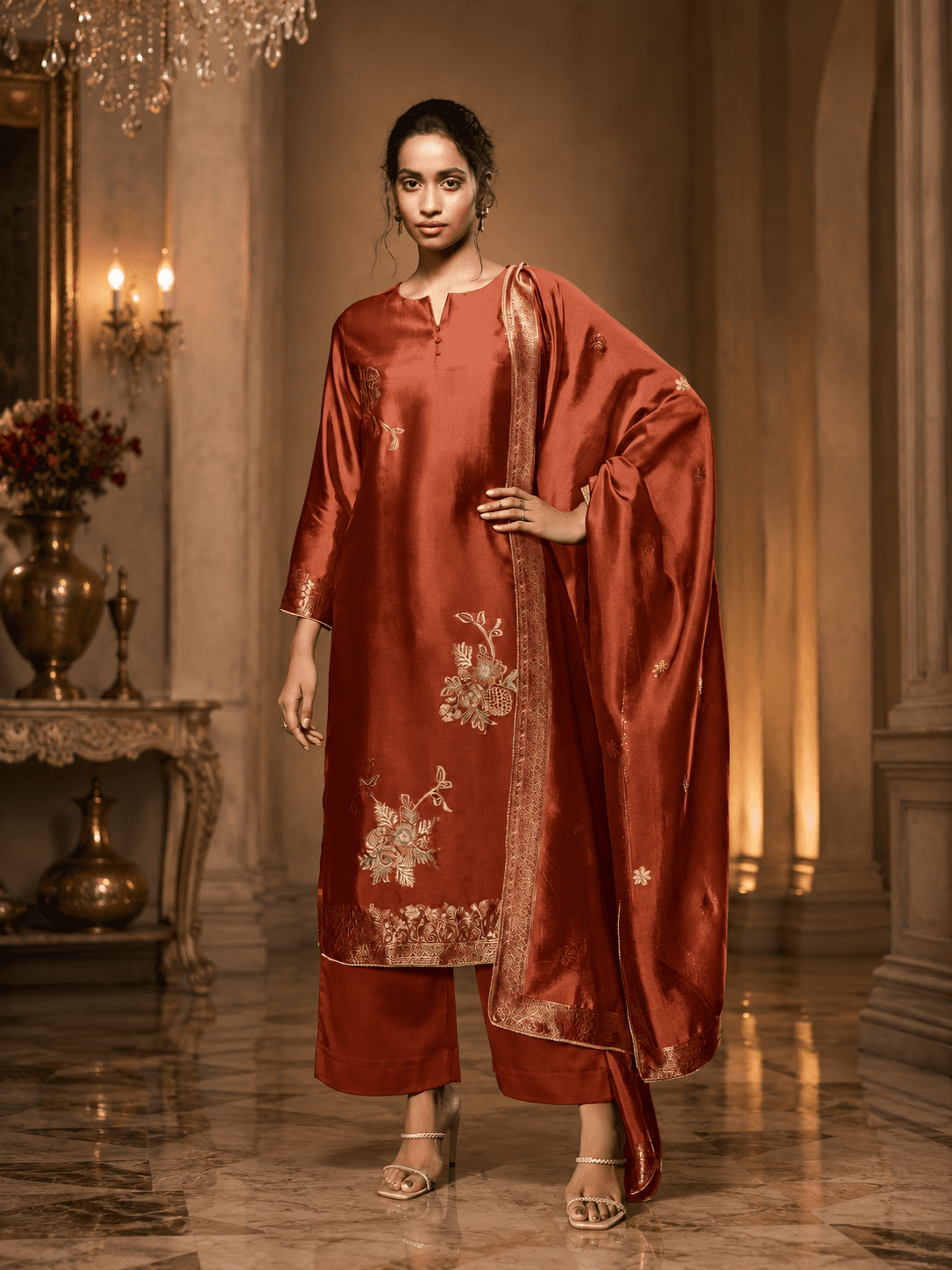 Rust Orange DD-3 Silk Katan Unstitched Three Piece