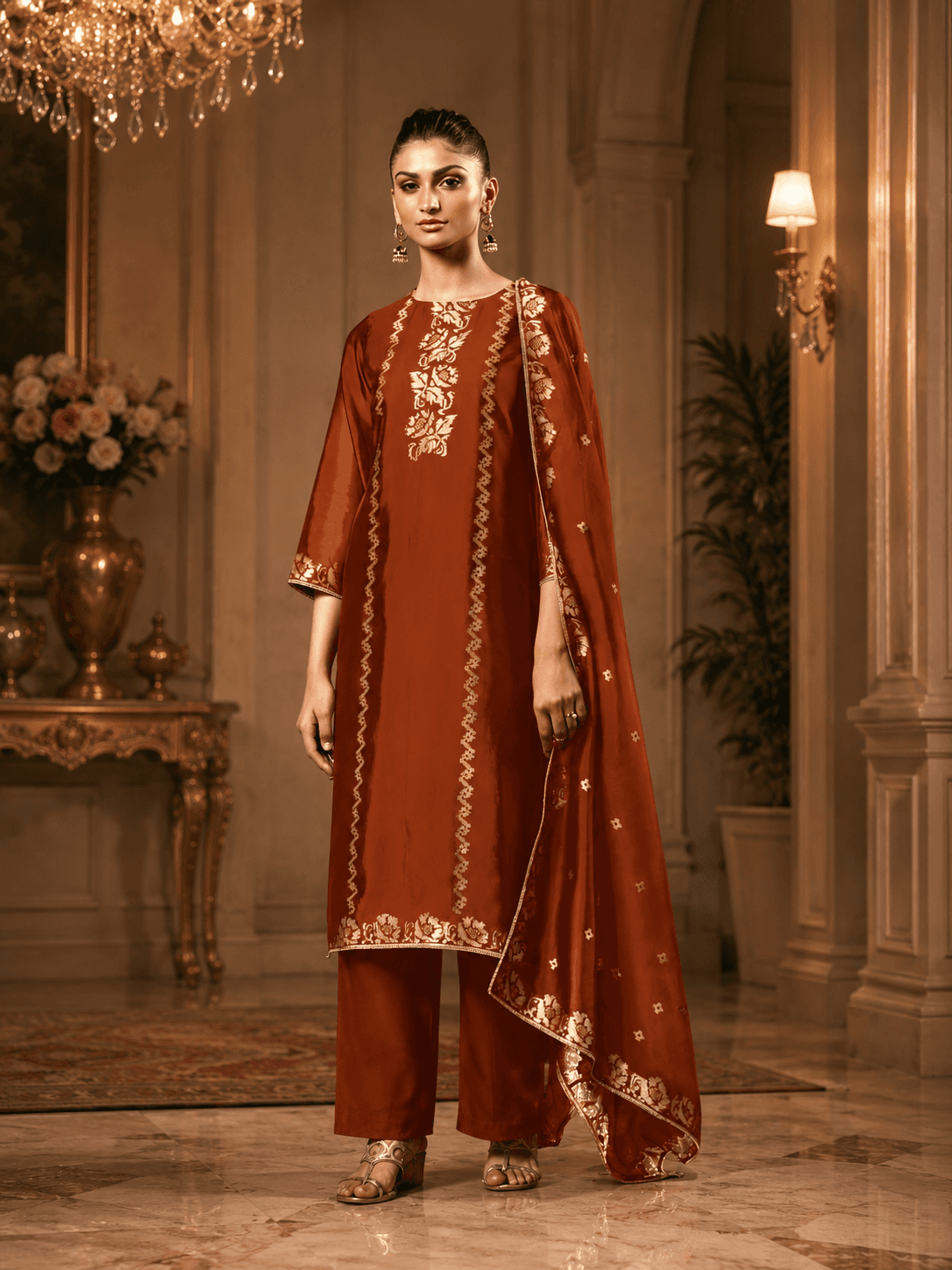 Rust Orange DD-4 Silk Katan Unstitched Three Piece