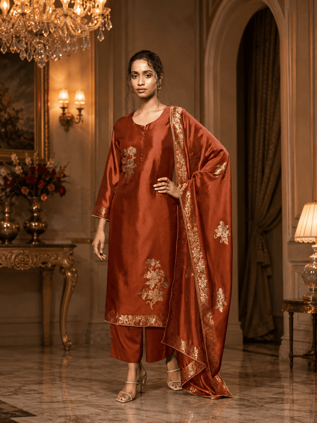 Rust Orange DD-5 Silk Katan Unstitched Three Piece
