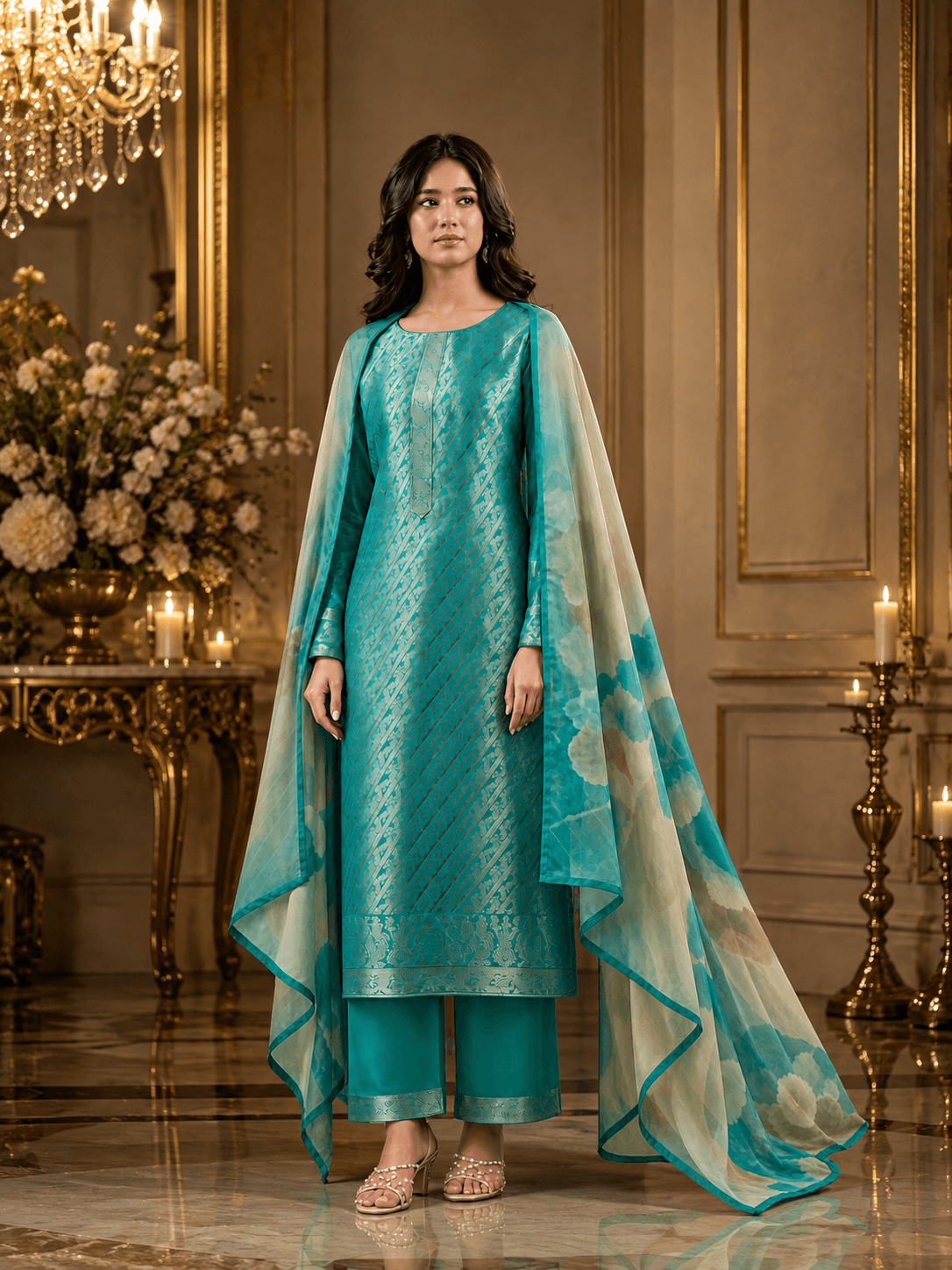 Peacock Teal Viscose Silk Katan Unstitched Three Piece