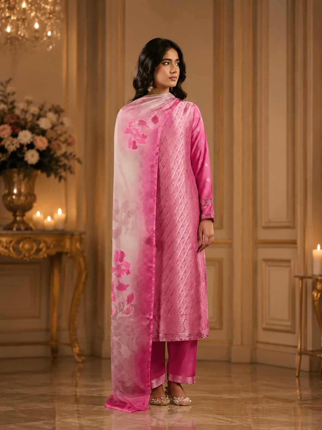 Dusty Rose Pink Viscose Silk Katan Unstitched Three Piece