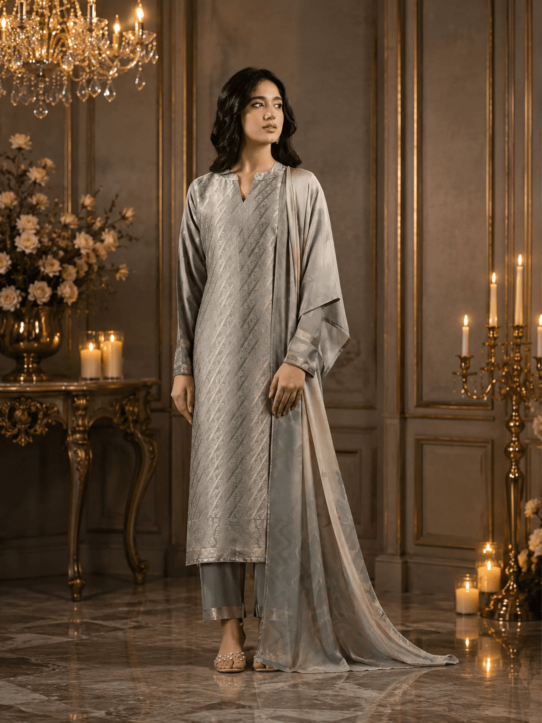 Silver Grey Viscose Silk Katan Unstitched Three Piece