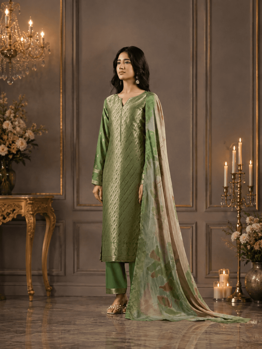 Sage Green Viscose Silk Katan Unstitched Three Piece