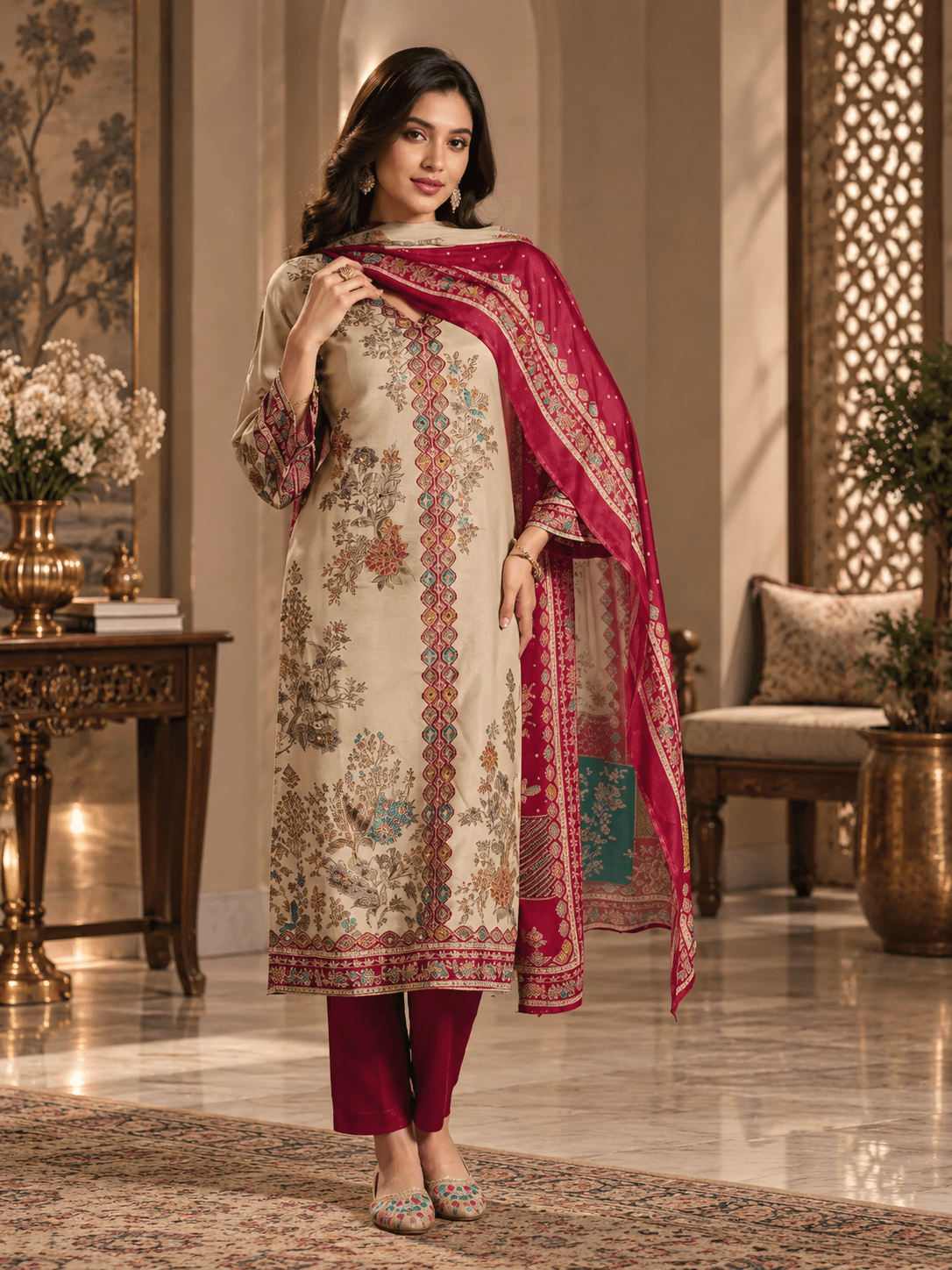 Champagne Beige Luxury Viscose Muslin Unstitched Three Piece