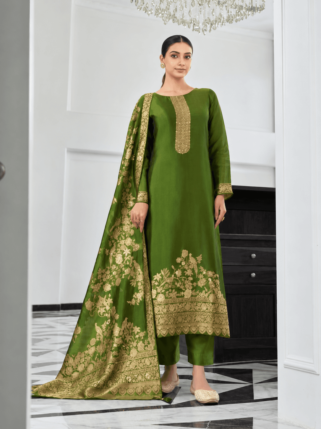 Deep Olive Green Silk Katan Unstitched Three Piece