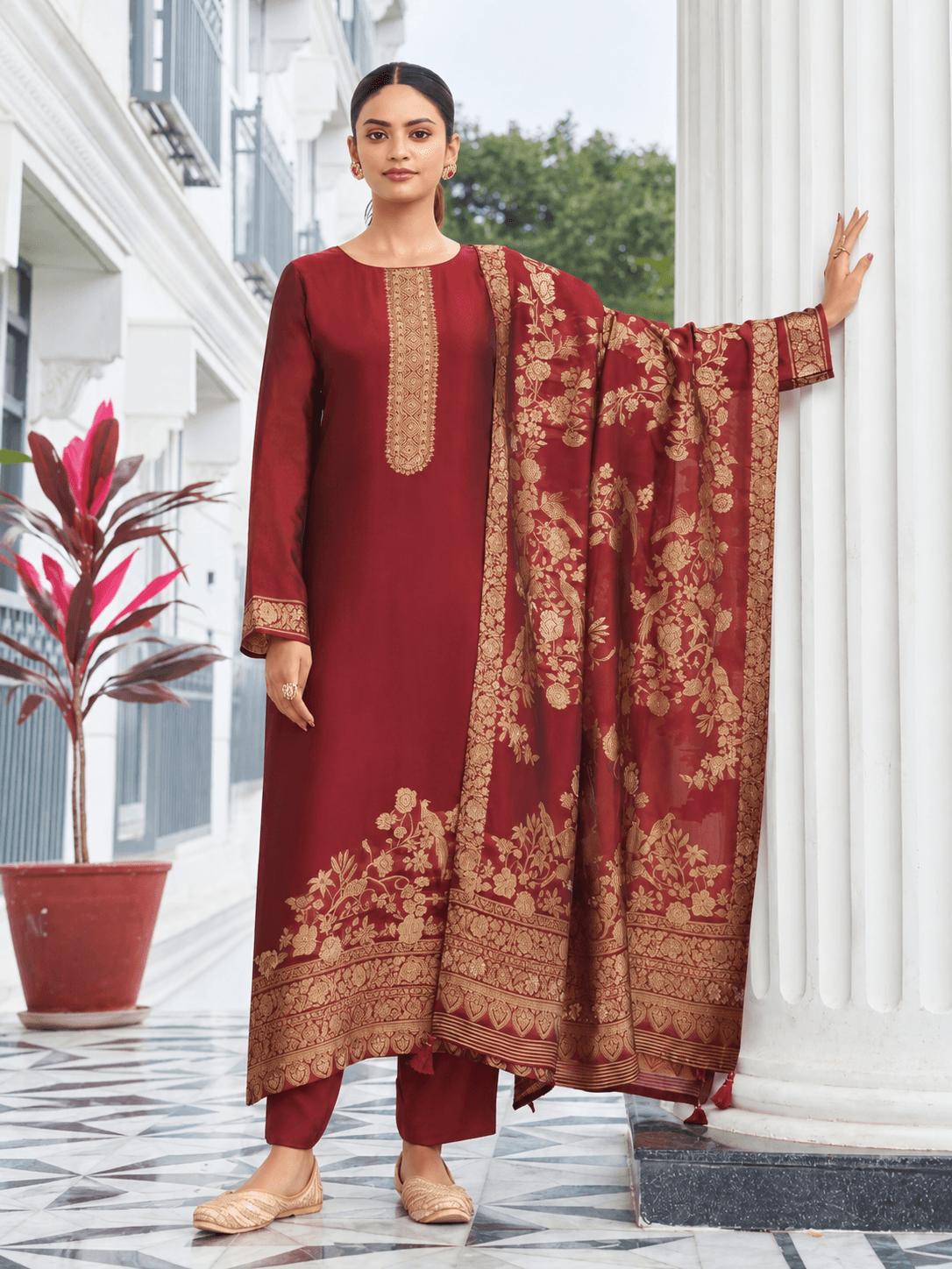 Burgundy Silk Katan Unstitched Three Piece